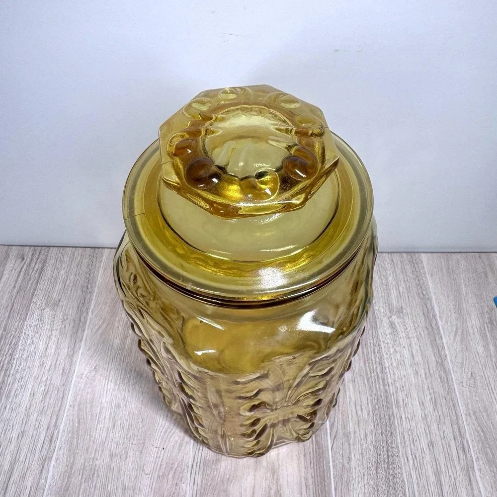 Amber‎ Glass Apothecary Jar Canister Lid Vintage Floral Embossed 9in